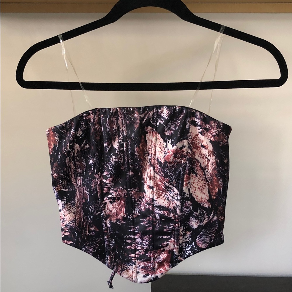 Windsor Strapless Abstract Print Bustier Top in Black and Pink